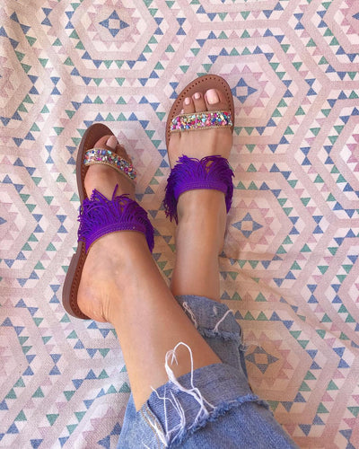 Sandales en cuir violet franges, sandales à la main, sandales plates, chaussures d'été violet,