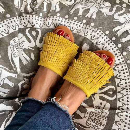 Sandales en cuir moutarde à franges, sandales faites à la main, chaussures d'été en moutarde,