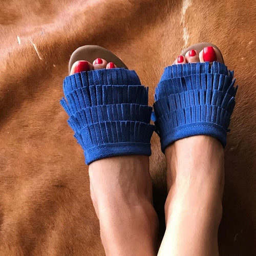 Sandales en cuir bleu à franges, sandales faites à la main, chaussures d'été en bleu