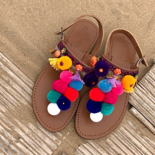Sandals Pompons Plate - Handamde Sandals with real premium leather and colorfull Pompons.