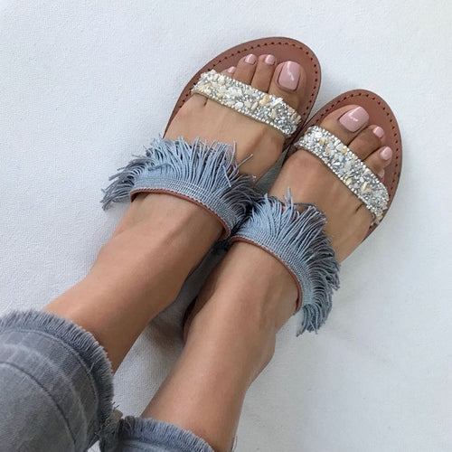 Sandales en cuir gris franges, sandales à la main, sandales plates, chaussures d'été gris,
