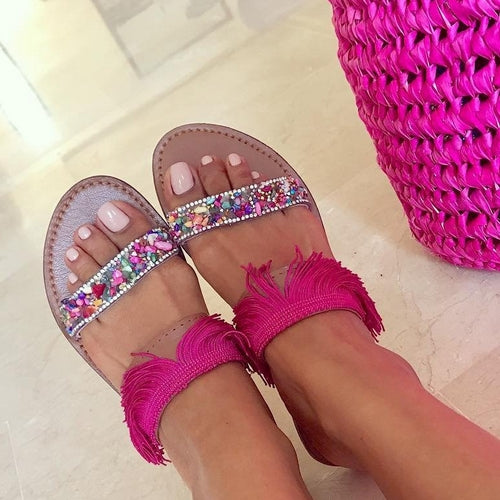Sandales en cuir rose franges, sandales à la main, sandales plates, chaussures d'été rose,