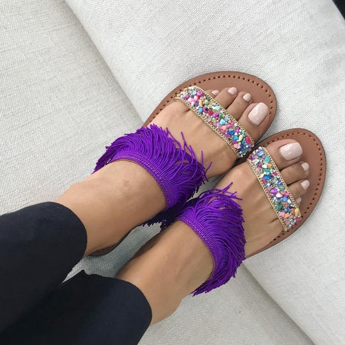 Sandales en cuir violet franges, sandales à la main, sandales plates, chaussures d'été violet,