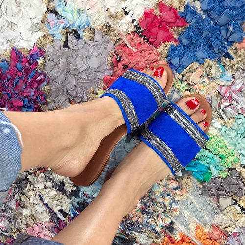 Mules Suede & Strass Mules faites à la main en cuir de première qualité, daim en majorelle bleu et strass