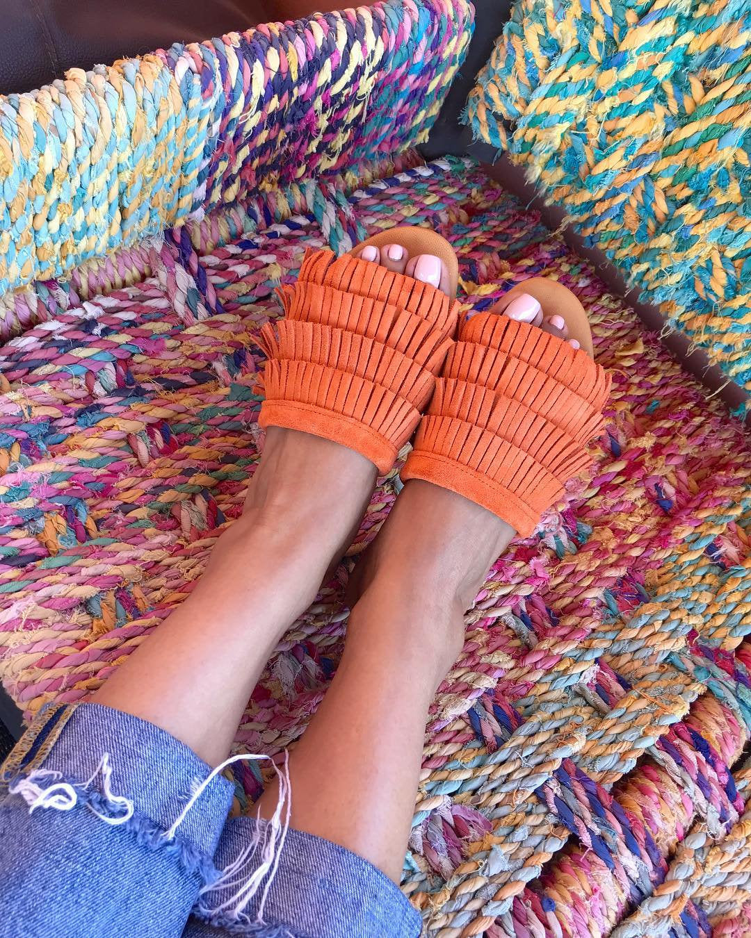 Sandales en cuir Orange à franges, sandales faites à la main, chaussures d'été en Orange