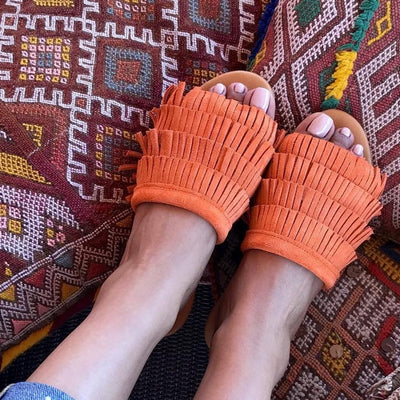 Sandales en cuir Orange à franges, sandales faites à la main, chaussures d'été en Orange