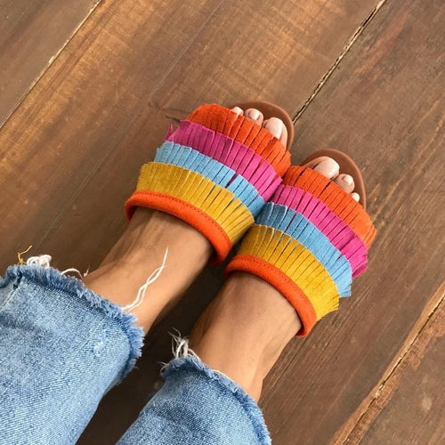 Sandales en cuir multi couleur à franges, sandales faites à la main, chaussures d'été en multi couleur,